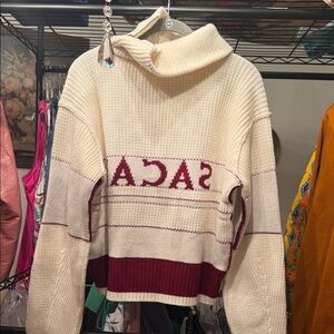 Sacai Cream and Burgundy Logo Funnel Neck Sweater  NWOT NEVER WORN MRSP $950
